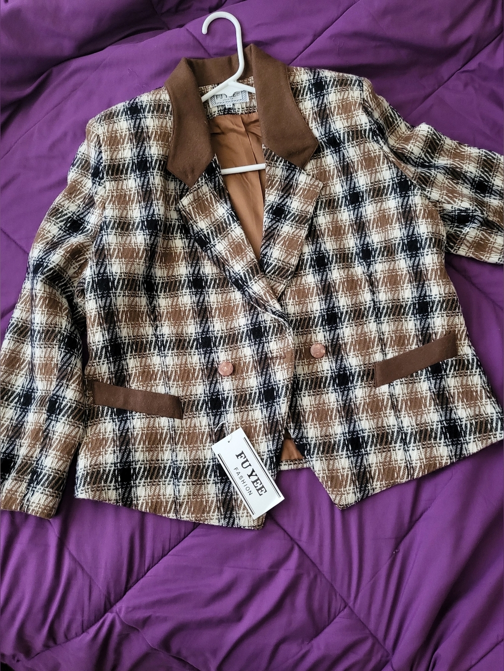 Brown Plaid Women's Blazer Jacket